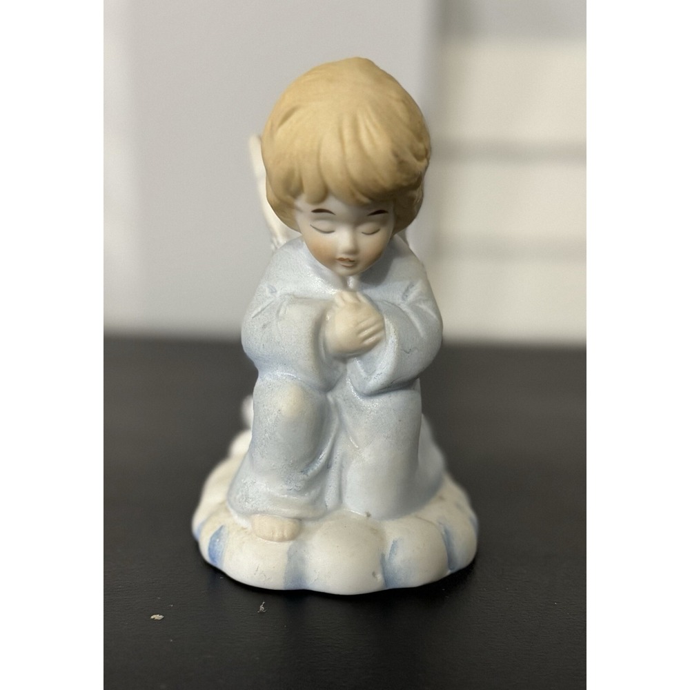VTG Praying Angel In Blue Porcelain Christmas Holiday Taper Candle Holder R.O.C.